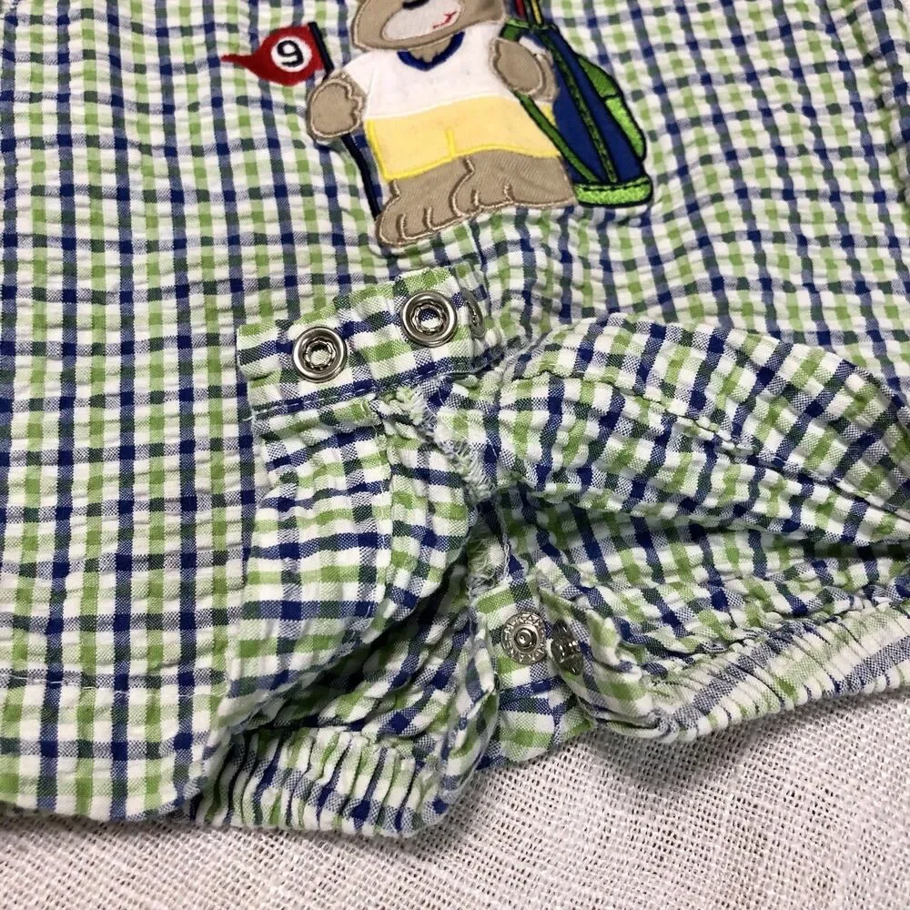VTG Y2K baby boys 3-6m seersucker romper overalls golf bear plaid embroidered
